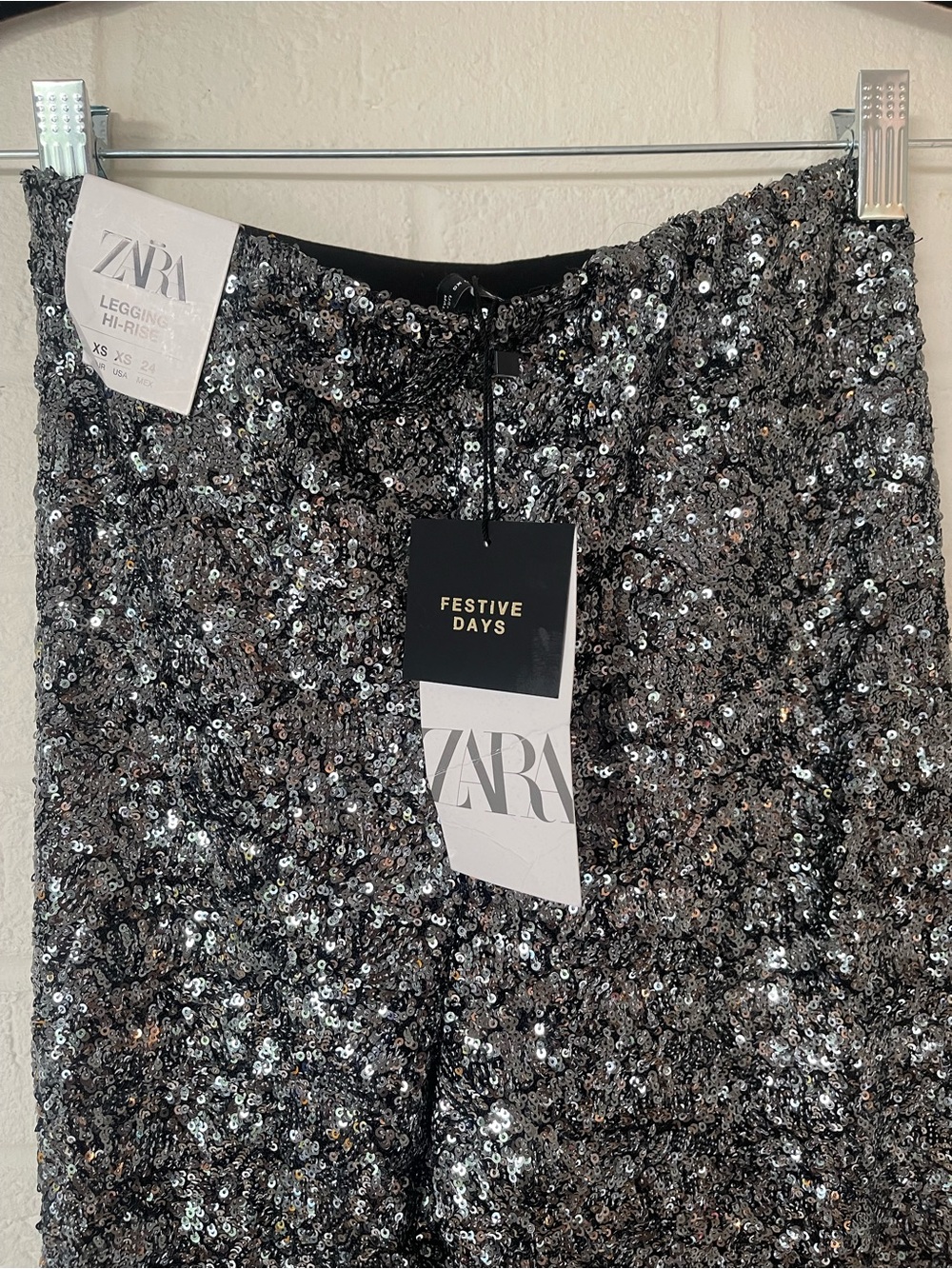 NWT Zara Festive Days Silver Sequin High Rise Flare Pants XS - Picture 6 of 6